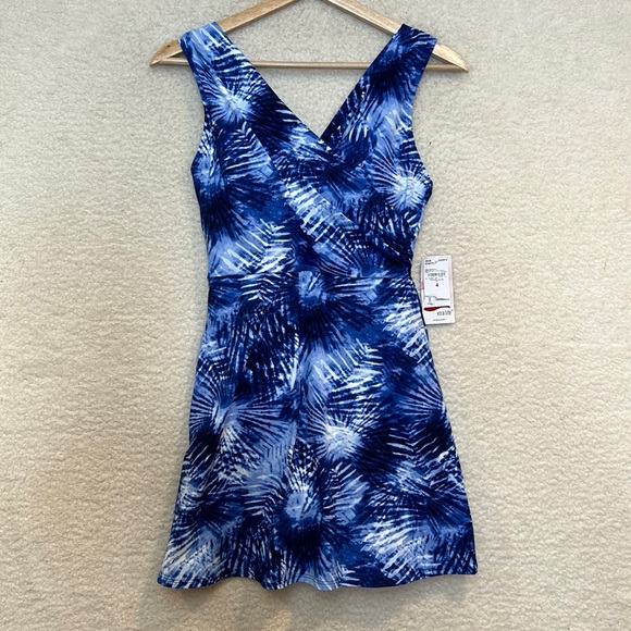 NWT Lands End Womens Deep Sea Navy Tie Dye Palm Sweetheart Swim Dress SIZE 18W - Picture 2 of 12